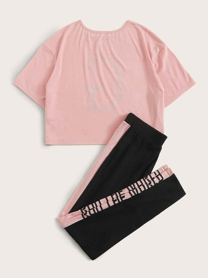 Letter Graphic Crop Tee and Contrast Sideseam Pants PJ Set - Sets - INS | Online Fashion Free Shipping Clothing, Dresses, Tops, Shoes - 02/02/2021 - Basic - Casual