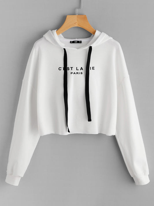 Letter Graphic Drop Shoulder Raw Hem Crop Hoodie - INS | Online Fashion Free Shipping Clothing, Dresses, Tops, Shoes