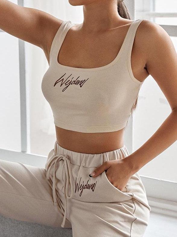 Letter Graphic Scoop Neck Tank Top With Joggers - Two-piece Outfits - INS | Online Fashion Free Shipping Clothing, Dresses, Tops, Shoes - 24/04/2021 - 2404V3 - Color_Creamy-White