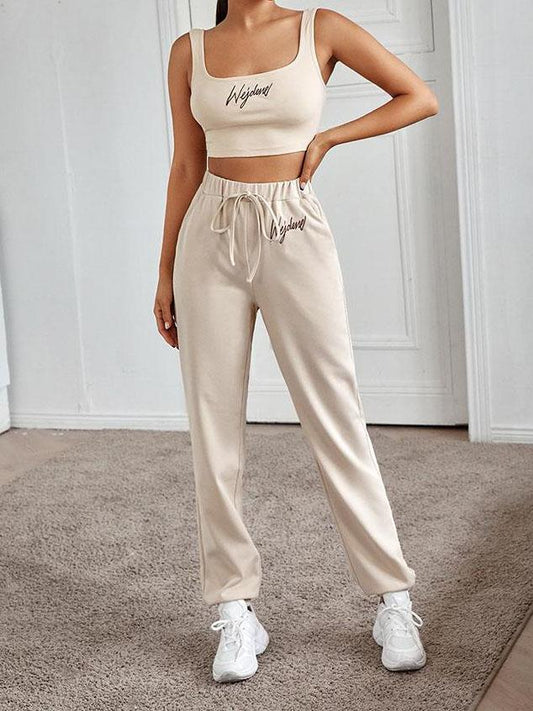 Letter Graphic Scoop Neck Tank Top With Joggers - Two-piece Outfits - INS | Online Fashion Free Shipping Clothing, Dresses, Tops, Shoes - 24/04/2021 - 2404V3 - Color_Creamy-White