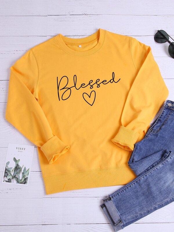 Letter & Heart Print Round Neck Sweatshirt - INS | Online Fashion Free Shipping Clothing, Dresses, Tops, Shoes