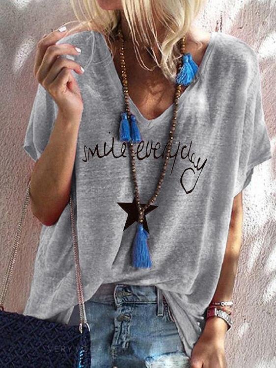 Letter Print V-neck Loose Short Sleeve T-shirt - T-shirts - INS | Online Fashion Free Shipping Clothing, Dresses, Tops, Shoes - 10/06/2021 - Color_Gray - Color_Green