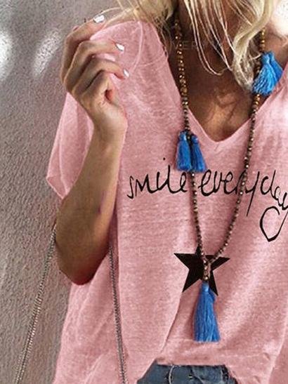 Letter Print V-neck Loose Short Sleeve T-shirt - T-shirts - INS | Online Fashion Free Shipping Clothing, Dresses, Tops, Shoes - 10/06/2021 - Color_Gray - Color_Green