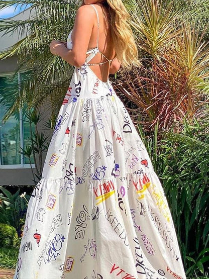 Letter Printed Bandage Backless Maxi Dresses - Maxi Dresses - INS | Online Fashion Free Shipping Clothing, Dresses, Tops, Shoes - 15/06/2021 - ColorWhite - DRE2106150455