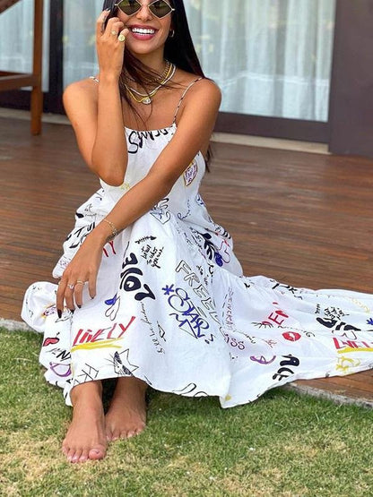 Letter Printed Bandage Backless Maxi Dresses - Maxi Dresses - INS | Online Fashion Free Shipping Clothing, Dresses, Tops, Shoes - 15/06/2021 - ColorWhite - DRE2106150455