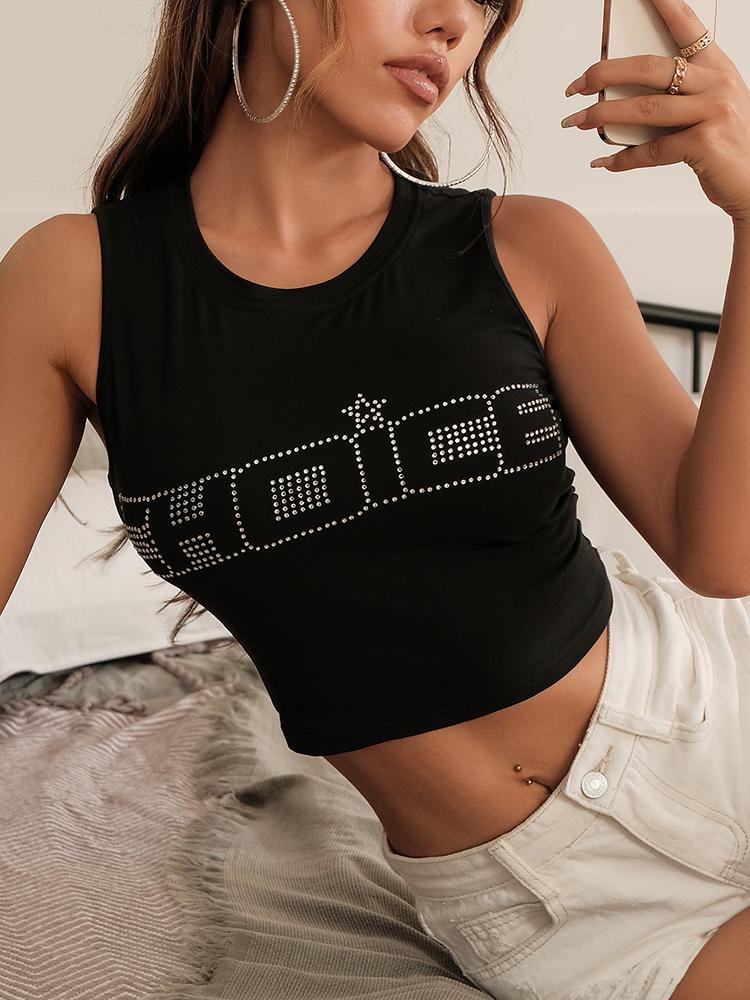 Letter & Star Rhinestone Tank Crop Top - Tank Tops - INS | Online Fashion Free Shipping Clothing, Dresses, Tops, Shoes - 24/04/2021 - Color_ Black - Season_Spring
