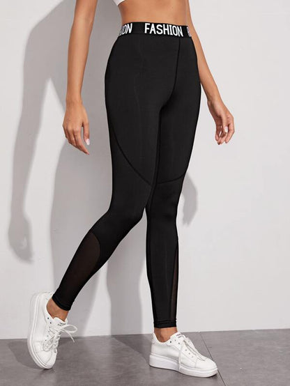 Letter Tape Mesh Panel Sports Leggings - INS | Online Fashion Free Shipping Clothing, Dresses, Tops, Shoes