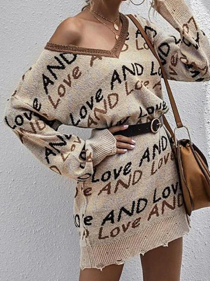 Lettering Graphic Distressed V Neck Sweater Dress - Sweater Dresses - INS | Online Fashion Free Shipping Clothing, Dresses, Tops, Shoes - 02/07/2021 - Autumn - Casual Dresses