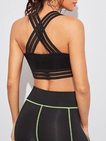 Light Support Contrast Mesh Criss Cross Back Sports Bra - Activewear - INS | Online Fashion Free Shipping Clothing, Dresses, Tops, Shoes - Activewear - Black - Bras