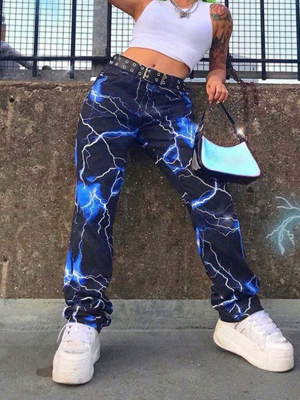 Lightning Print Casual Versatile Straight Wide-leg Pants - Pants - INS | Online Fashion Free Shipping Clothing, Dresses, Tops, Shoes - 10/05/2021 - Category_Pants - Color_Blue