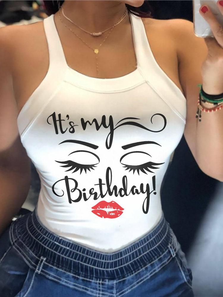 Lip Letter Eye Print Backless Casual Top - Tank Tops - INS | Online Fashion Free Shipping Clothing, Dresses, Tops, Shoes - 28/04/2021 - Color_White - Season_Spring