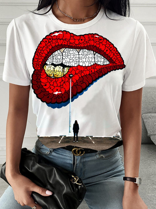 Lip Print Casual Short-sleeved T-shirt - T-shirts - INS | Online Fashion Free Shipping Clothing, Dresses, Tops, Shoes - 08/07/2021 - 10-20 - color-black