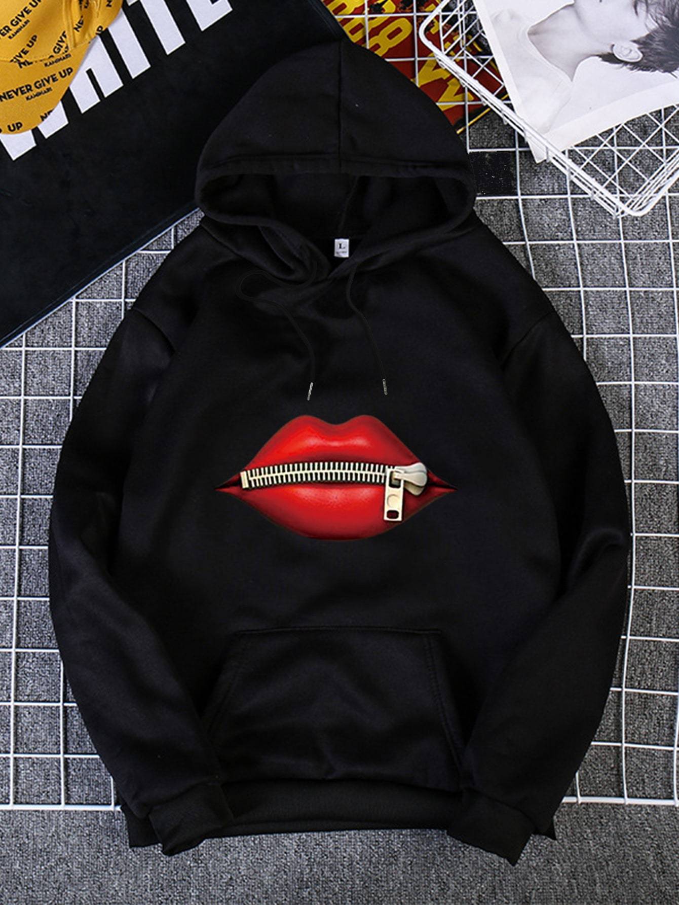 Lip Print Kangaroo Pocket Drawstring Hoodie - INS | Online Fashion Free Shipping Clothing, Dresses, Tops, Shoes