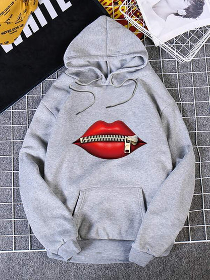 Lip Print Kangaroo Pocket Drawstring Hoodie - INS | Online Fashion Free Shipping Clothing, Dresses, Tops, Shoes