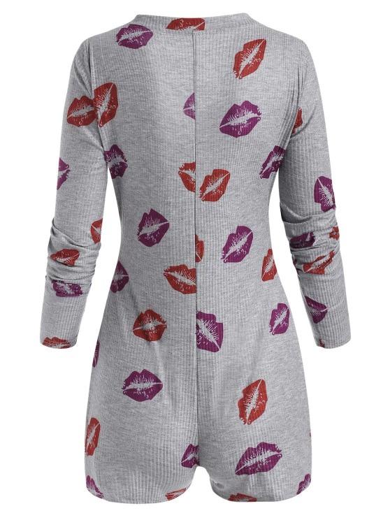 Lip Print Snap Button V Neck Skinny Romper - INS | Online Fashion Free Shipping Clothing, Dresses, Tops, Shoes
