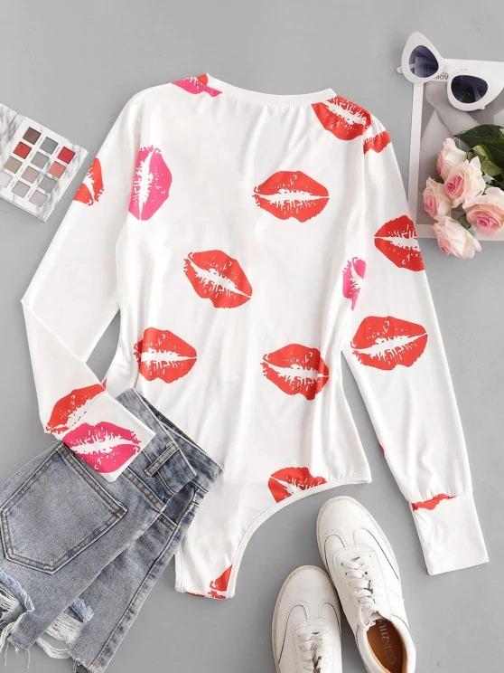 Lips Print Long Sleeve Bodysuit - INS | Online Fashion Free Shipping Clothing, Dresses, Tops, Shoes