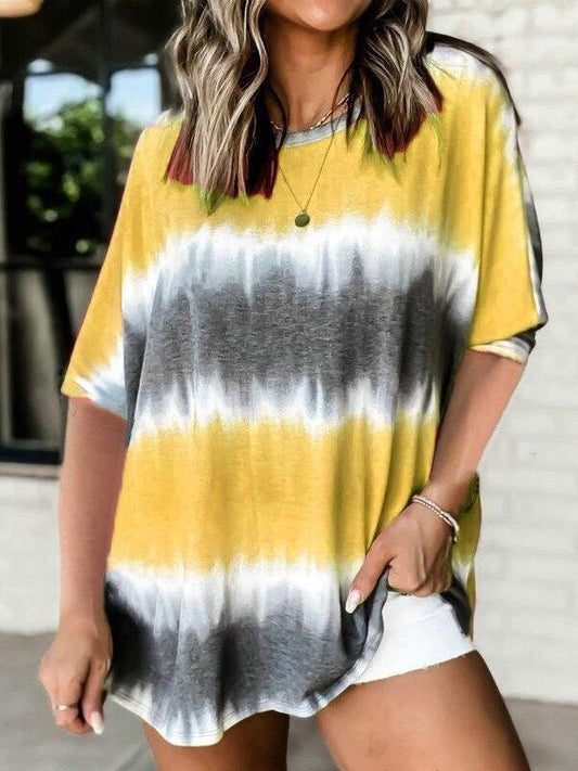 Lnk Tie Dye Gradients Round Neck Over Size T-Shirt - T-Shirts - INS | Online Fashion Free Shipping Clothing, Dresses, Tops, Shoes - 13/04/2021 - Color_Purple - Color_Yellow
