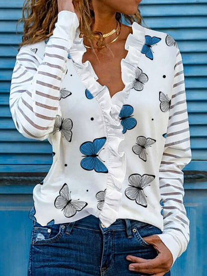 Long Sleeve Butterfly Print Lapel Blouses - Blouses - INS | Online Fashion Free Shipping Clothing, Dresses, Tops, Shoes - 20-30 - 26/07/2021 - BLO2107261269