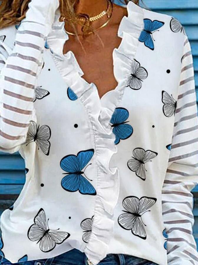 Long Sleeve Butterfly Print Lapel Blouses - Blouses - INS | Online Fashion Free Shipping Clothing, Dresses, Tops, Shoes - 20-30 - 26/07/2021 - BLO2107261269