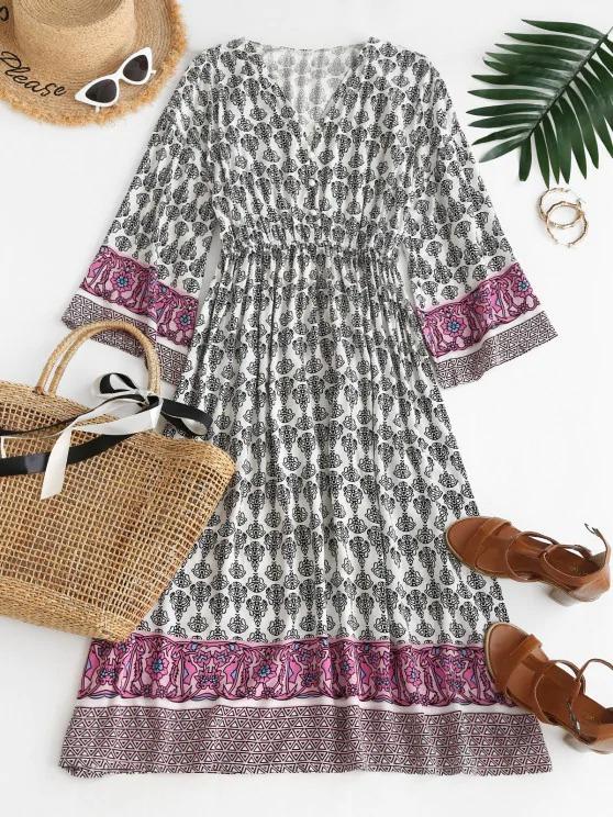 Long Sleeve Button Loop Bohemian Printed Dress - INS | Online Fashion Free Shipping Clothing, Dresses, Tops, Shoes