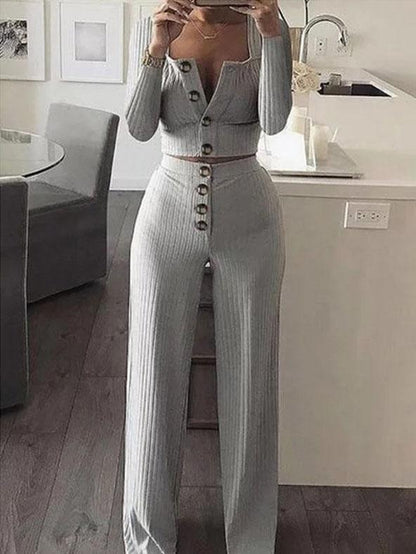 Long Sleeve Cardigan Tops & Buttoned Wide-leg Pants Suit - Sets - INS | Online Fashion Free Shipping Clothing, Dresses, Tops, Shoes - 20-30 - 25/06/2021 - Bottoms