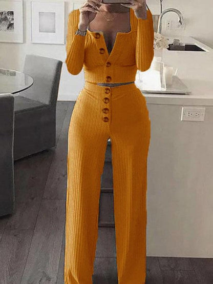 Long Sleeve Cardigan Tops & Buttoned Wide-leg Pants Suit - Sets - INS | Online Fashion Free Shipping Clothing, Dresses, Tops, Shoes - 20-30 - 25/06/2021 - Bottoms