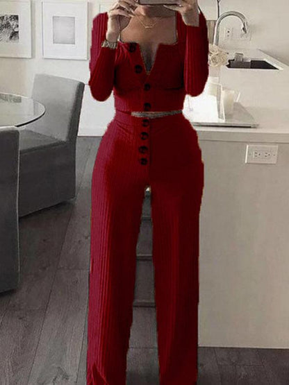 Long Sleeve Cardigan Tops & Buttoned Wide-leg Pants Suit - Sets - INS | Online Fashion Free Shipping Clothing, Dresses, Tops, Shoes - 20-30 - 25/06/2021 - Bottoms