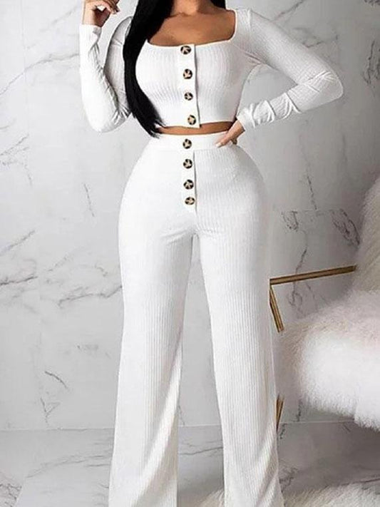 Long Sleeve Cardigan Tops & Buttoned Wide-leg Pants Suit - Sets - INS | Online Fashion Free Shipping Clothing, Dresses, Tops, Shoes - 20-30 - 25/06/2021 - Bottoms