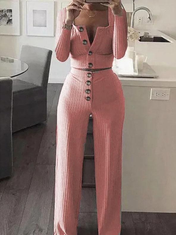 Long Sleeve Cardigan Tops & Buttoned Wide-leg Pants Suit - Sets - INS | Online Fashion Free Shipping Clothing, Dresses, Tops, Shoes - 20-30 - 25/06/2021 - Bottoms