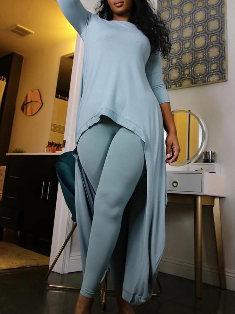 Long Sleeve Dip Hem Top & Pants Set - Two-piece Outfits - INS | Online Fashion Free Shipping Clothing, Dresses, Tops, Shoes - 05/05/2021 - Category_Two-piece Outfits - Color_Light Blue