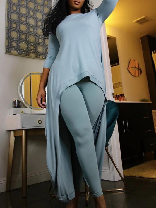 Long Sleeve Dip Hem Top & Pants Set - Two-piece Outfits - INS | Online Fashion Free Shipping Clothing, Dresses, Tops, Shoes - 05/05/2021 - Category_Two-piece Outfits - Color_Light Blue