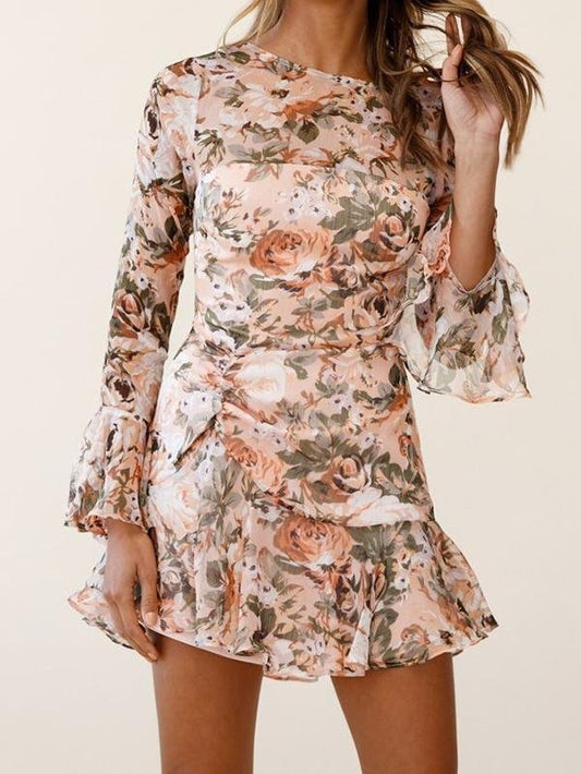 Long Sleeve Flared Cuff Dress Floral Print Nude Multi - Dresses - INS | Online Fashion Free Shipping Clothing, Dresses, Tops, Shoes - 214 - Beach - Bodycon