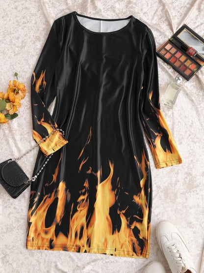 Long Sleeve Hot Flame Print Mini Dress - INS | Online Fashion Free Shipping Clothing, Dresses, Tops, Shoes