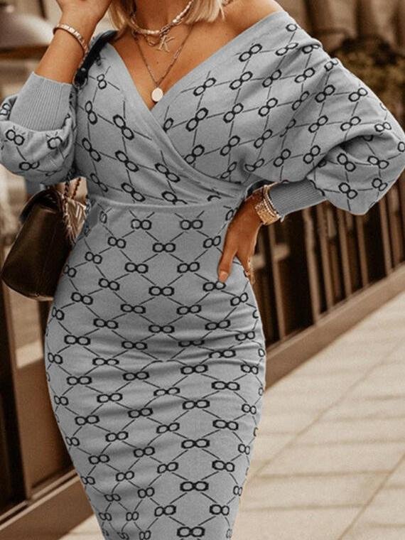 Long Sleeve Plaid V-neck Bodycon Dress - Midi Dresses - INS | Online Fashion Free Shipping Clothing, Dresses, Tops, Shoes - 30-40 - 30/06/2021 - color-gray