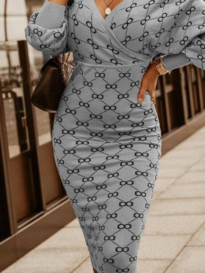 Long Sleeve Plaid V-neck Bodycon Dress - Midi Dresses - INS | Online Fashion Free Shipping Clothing, Dresses, Tops, Shoes - 30-40 - 30/06/2021 - color-gray