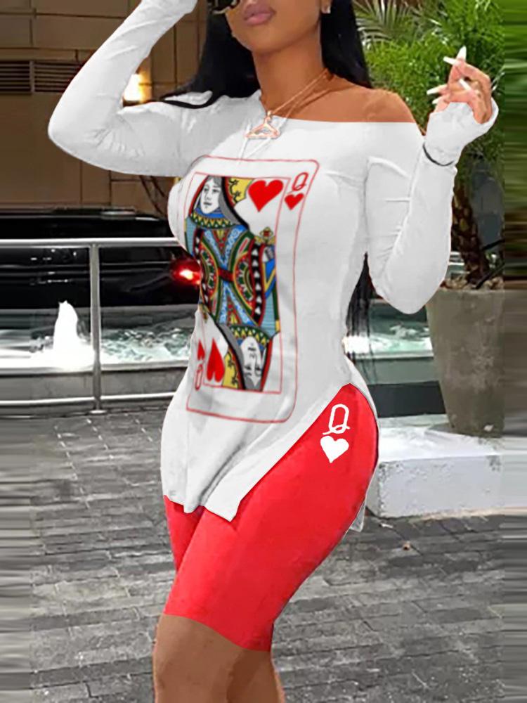 Long Sleeve Poker Print Slit Top & Shorts Set - Two-piece Outfits - INS | Online Fashion Free Shipping Clothing, Dresses, Tops, Shoes - 05/05/2021 - Category_Two-piece Outfits - Color_Red