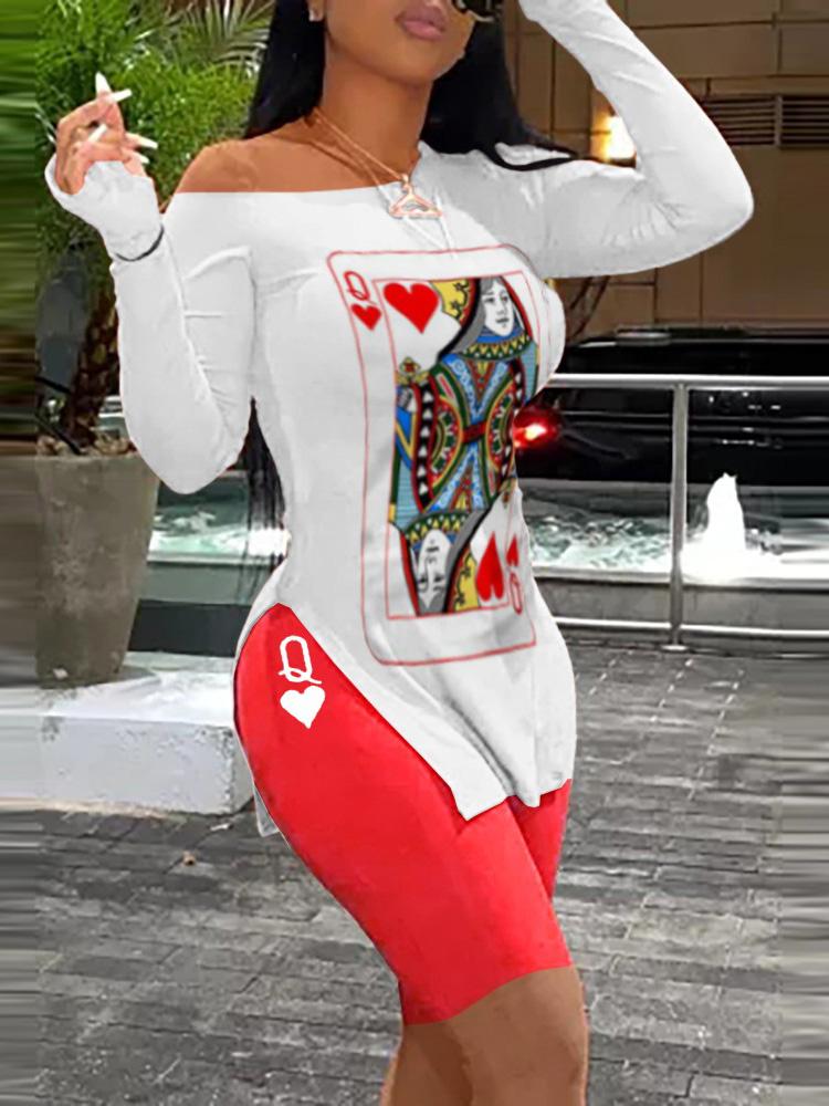 Long Sleeve Poker Print Slit Top & Shorts Set - Two-piece Outfits - INS | Online Fashion Free Shipping Clothing, Dresses, Tops, Shoes - 05/05/2021 - Category_Two-piece Outfits - Color_Red