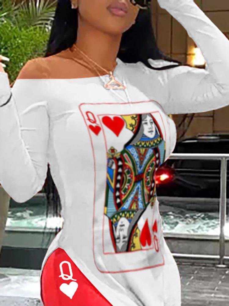 Long Sleeve Poker Print Slit Top & Shorts Set - Two-piece Outfits - INS | Online Fashion Free Shipping Clothing, Dresses, Tops, Shoes - 05/05/2021 - Category_Two-piece Outfits - Color_Red