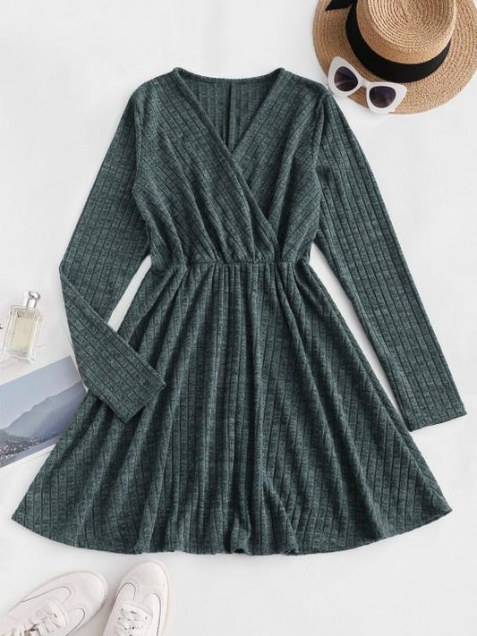 Long Sleeve Ribbed Heathered Knit Dress - Mini Dresses - INS | Online Fashion Free Shipping Clothing, Dresses, Tops, Shoes - 02/18/2021 - Casual - Color_Green