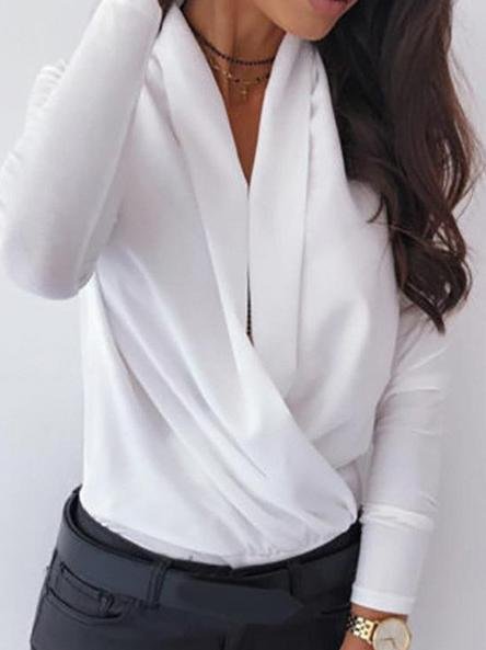 Long Sleeve Solid Deep V Swing Neck Blouses - Blouses - INS | Online Fashion Free Shipping Clothing, Dresses, Tops, Shoes - 08/07/2021 - 10-20 - BLO2107081178