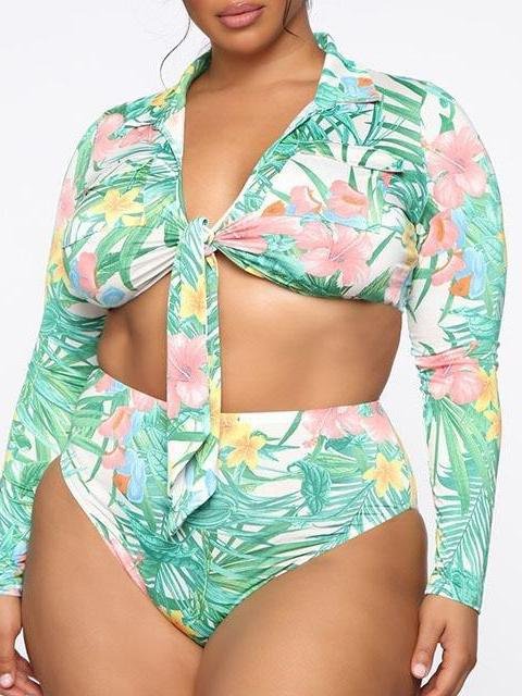 Long Sleeve Sundress High Waist Forest Print Two-piece Swimsuit - Plus Swimsuits - INS | Online Fashion Free Shipping Clothing, Dresses, Tops, Shoes - 22/04/2021 - Color_Multicolor - Plus Swimsuits