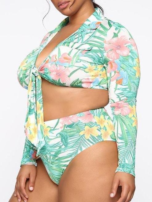 Long Sleeve Sundress High Waist Forest Print Two-piece Swimsuit - Plus Swimsuits - INS | Online Fashion Free Shipping Clothing, Dresses, Tops, Shoes - 22/04/2021 - Color_Multicolor - Plus Swimsuits