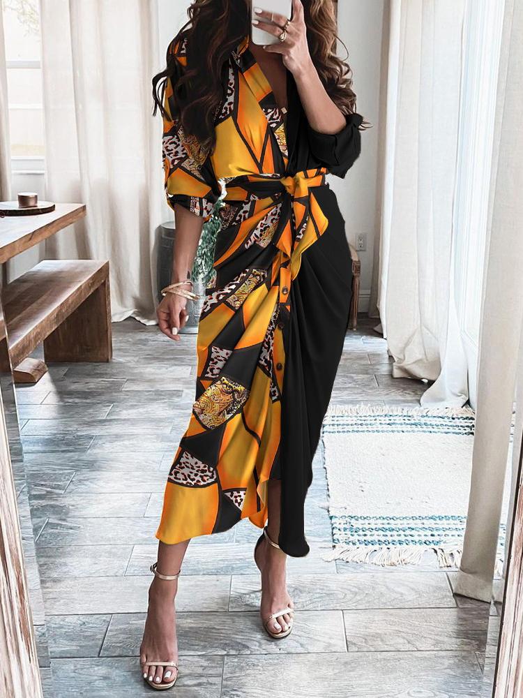 Long Sleeve V-Neck Button Print Maxi Dress - Maxi Dresses - INS | Online Fashion Free Shipping Clothing, Dresses, Tops, Shoes - 20-30 - 25/06/2021 - Category_Maxi Dresses