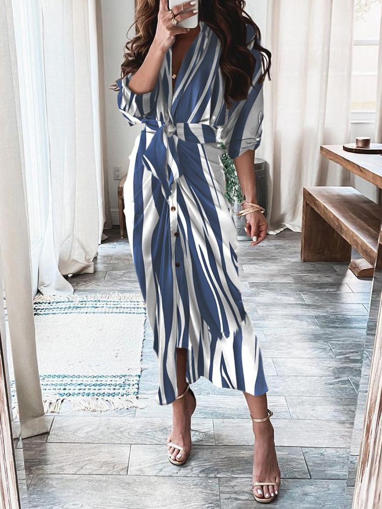Long Sleeve V-Neck Button Print Maxi Dress - Maxi Dresses - INS | Online Fashion Free Shipping Clothing, Dresses, Tops, Shoes - 20-30 - 25/06/2021 - Category_Maxi Dresses