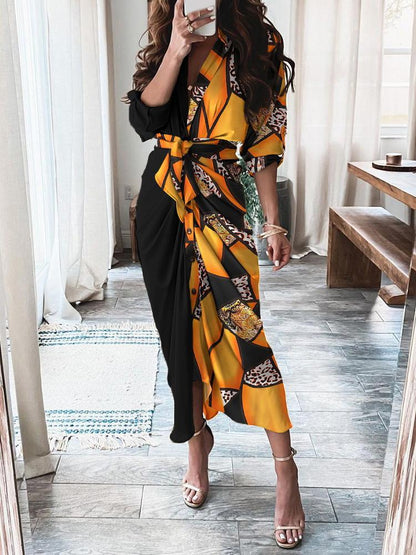 Long Sleeve V-Neck Button Print Maxi Dress - Maxi Dresses - INS | Online Fashion Free Shipping Clothing, Dresses, Tops, Shoes - 20-30 - 25/06/2021 - Category_Maxi Dresses