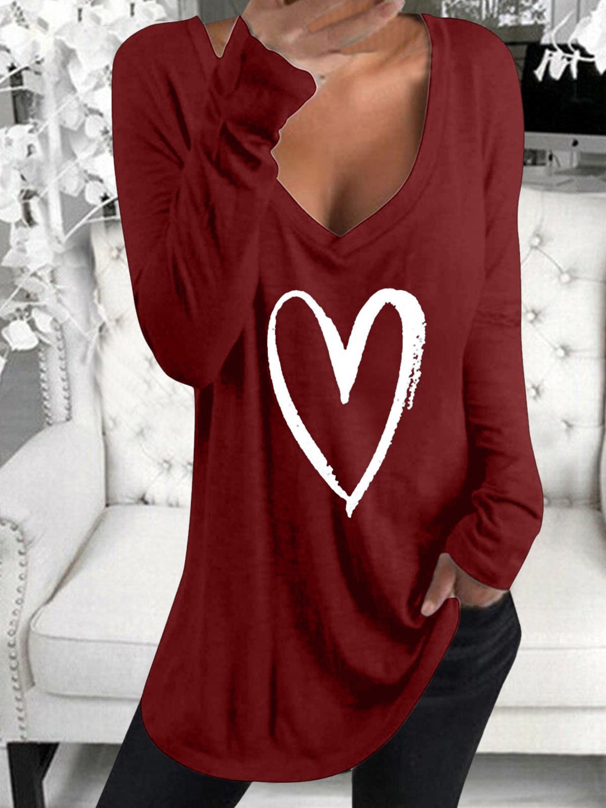 Long Sleeve V-Neck Heart Printed Casual T-Shirt - T-Shirts - INS | Online Fashion Free Shipping Clothing, Dresses, Tops, Shoes - 06/07/2021 - 20-30 - Category_T-Shirts