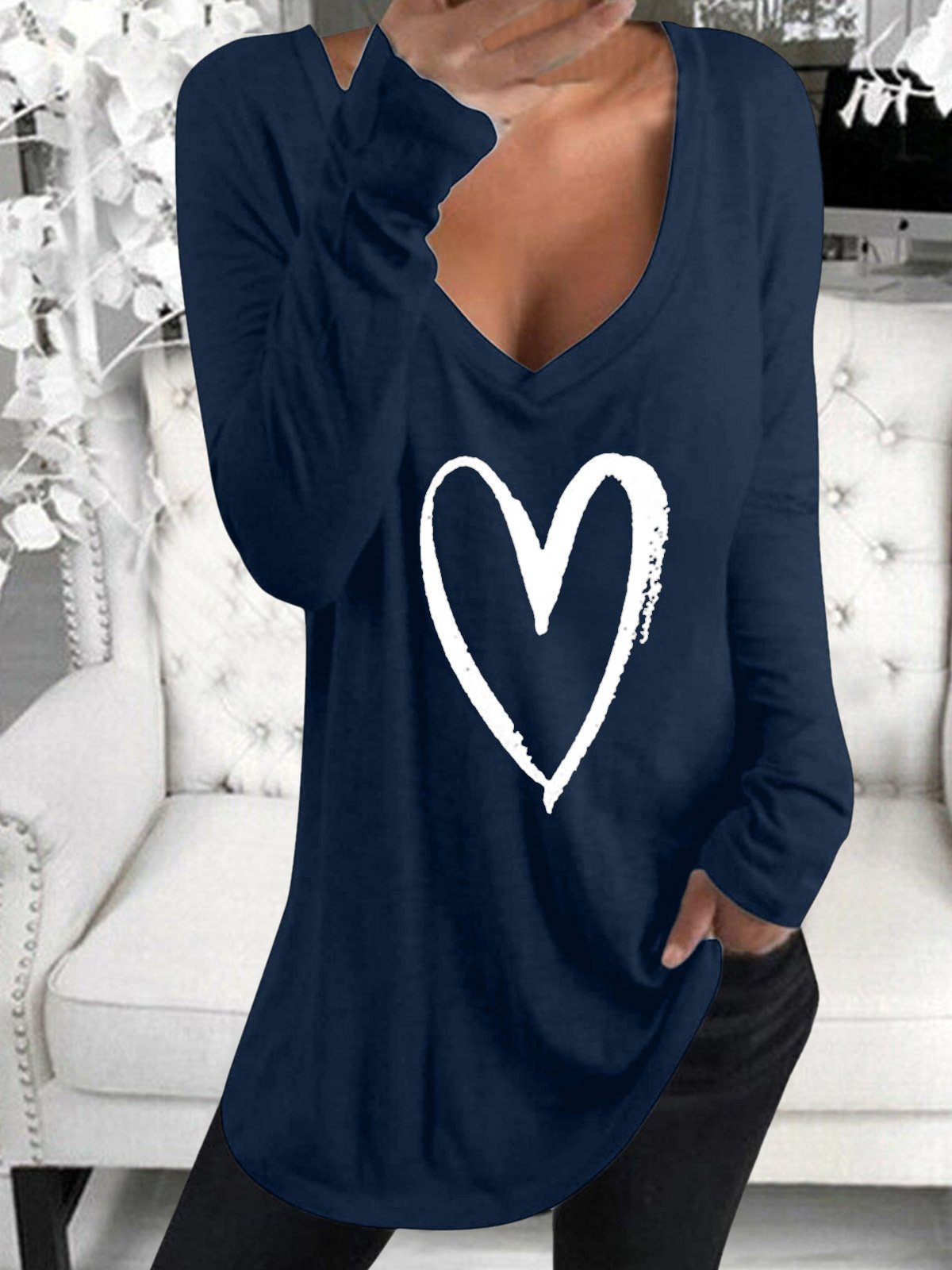 Long Sleeve V-Neck Heart Printed Casual T-Shirt - T-Shirts - INS | Online Fashion Free Shipping Clothing, Dresses, Tops, Shoes - 06/07/2021 - 20-30 - Category_T-Shirts