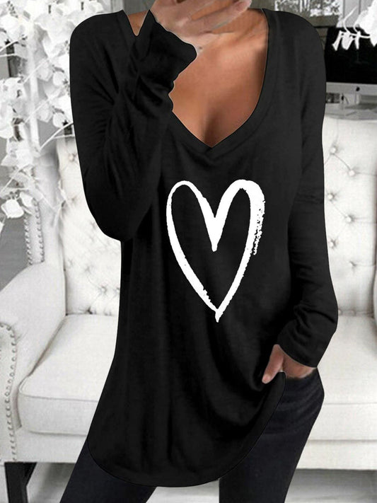 Long Sleeve V-Neck Heart Printed Casual T-Shirt - T-Shirts - INS | Online Fashion Free Shipping Clothing, Dresses, Tops, Shoes - 06/07/2021 - 20-30 - Category_T-Shirts