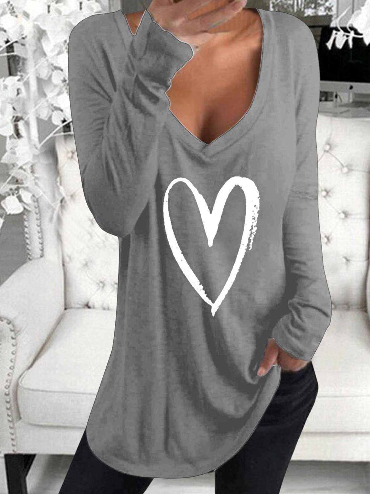 Long Sleeve V-Neck Heart Printed Casual T-Shirt - T-Shirts - INS | Online Fashion Free Shipping Clothing, Dresses, Tops, Shoes - 06/07/2021 - 20-30 - Category_T-Shirts