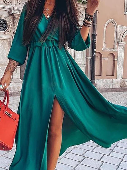 Long Sleeve V-Neck Irregular Slit Dress - Maxi Dresses - INS | Online Fashion Free Shipping Clothing, Dresses, Tops, Shoes - 01/07/2021 - 20-30 - Category_Maxi Dresses